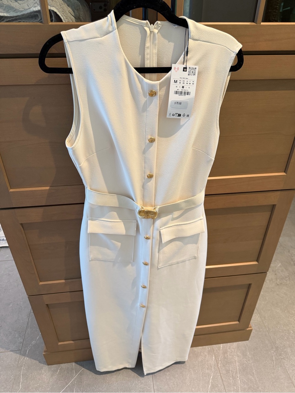 Zara Cream Sleeveless Midi Dress with Gold Buttons